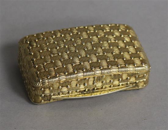 A George III silver gilt concave basket weave snuff box, Matthew Linwood, Birmingham, 1810, 53mm.